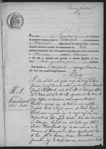 ETAMPES.- Décès : registre d'état civil (1899). 