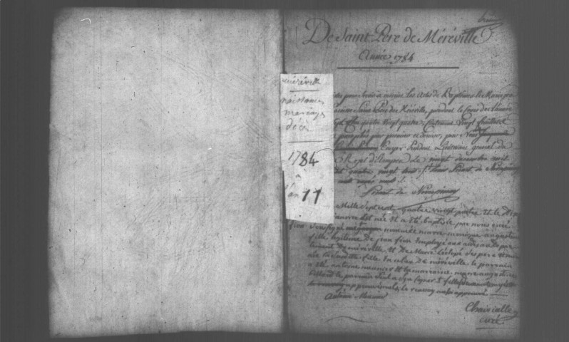 MEREVILLE . Paroisse Saint-Pierre : Baptêmes, mariages, sépultures : registre paroissial ; naissances, mariages, décès (1784-an II). [Relié en désordre (1798)]. 
