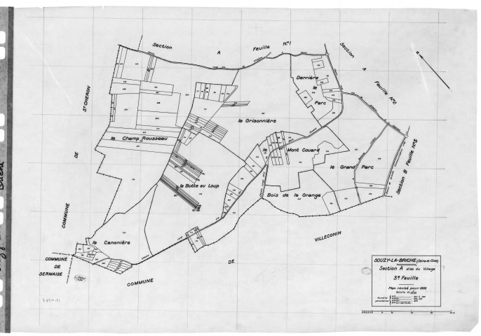 SOUZY-LA-BRICHE. - Cadastre révisé pour 1933 : plan du tableau d'assemblage , plans de la section A le Village 3ème feuille, section B la Briche 1ère feuille, idem 3ème feuille, [4 plans]. 