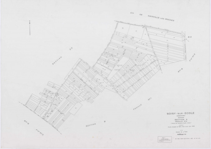 SOISY-SUR-ECOLE, plans minutes de conservation : tableau d'assemblage, 1936, Ech. 1/10000 ; plans des sections A2, B1, B2, C1, C2, C3, D1, D2, G2, G3, G4, I1, I2, 1936, Ech. 1/1250, sections B3, E, F, H, 1936, Ech. 1/2500, sections ZA, ZB, ZC, 1962, Ech. 1/2000. Polyester. N et B. Dim. 105 x 80 cm [21 plans]. 