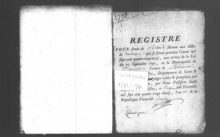 MARCOUSSIS. Naissances, mariages, décès : registre d'état civil (1792-an III). [Nota bene : 1792 après 1793]. 