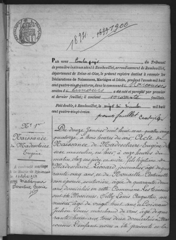 MARCOUSSIS.- Naissances, mariages, décès : registre d'état civil (1894-1900). 