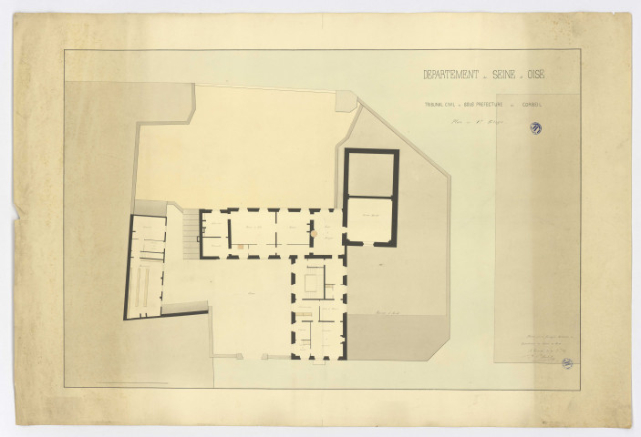 Plan du tribunal civil et de la sous-préfecture de CORBEIL (1er étage) dressé par M. BLONDET, architecte du département de SEINE-ET-OISE, feuille 2, VERSAILLES, 1847. Sans éch. Coul. Dim. 0,65 x 0,96. 