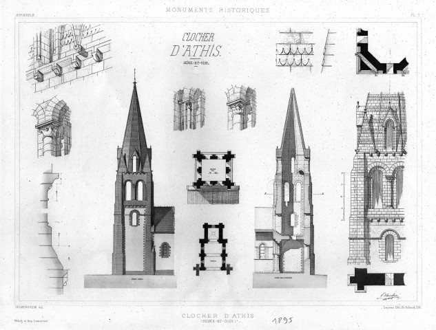 ATHIS. Le clocher de l'église : détails M. Selmersheim, dessinateur, M. Lemercier, imprimeur, M. Laurens, éditeur, N et B. Dim. 30 x 40. 