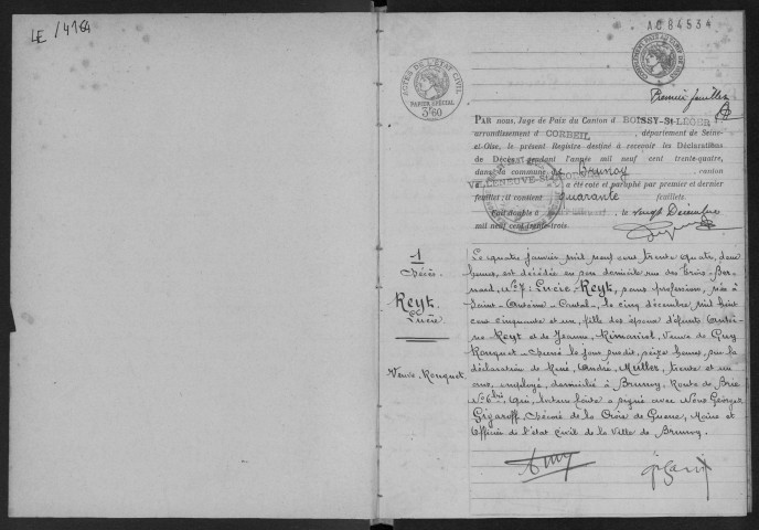 BRUNOY.- Décès : registre d'état civil (1934). 