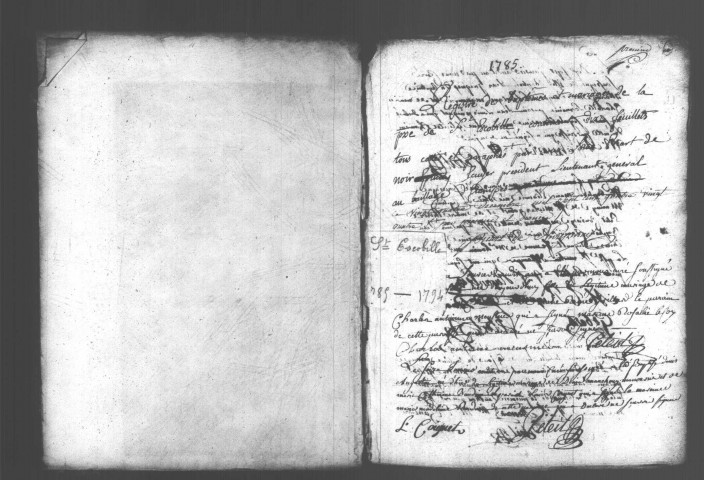 SAINT-ESCOBILLE. Paroisse Saint-Escobille : Baptêmes, mariages, sépultures : registre paroissial ; naissances, mariages, décès (1785-an III). 