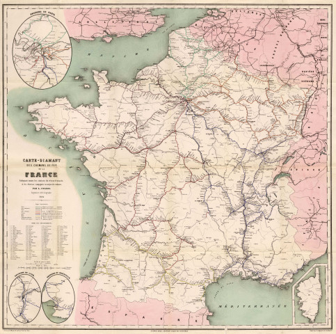 Carte diamant des chemins de fer de la FRANCE indiquant toutes les stations du réseau français et les diverses compagnies, dressée par L. NEGREL, ingénieur civil, géographe, 1864. Ech. 1/1 700 000. Coul. Lég. Dim. 0,66 x 0,66. 