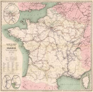 Carte diamant des chemins de fer de la FRANCE indiquant toutes les stations du réseau français et les diverses compagnies, dressée par L. NEGREL, ingénieur civil, géographe, 1864. Ech. 1/1 700 000. Coul. Lég. Dim. 0,66 x 0,66. 