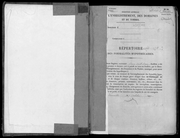 Conservation des hypothèques de CORBEIL. - Répertoire des formalités hypothécaires, volume n° 392 : A-Z (registre ouvert en 1915). 