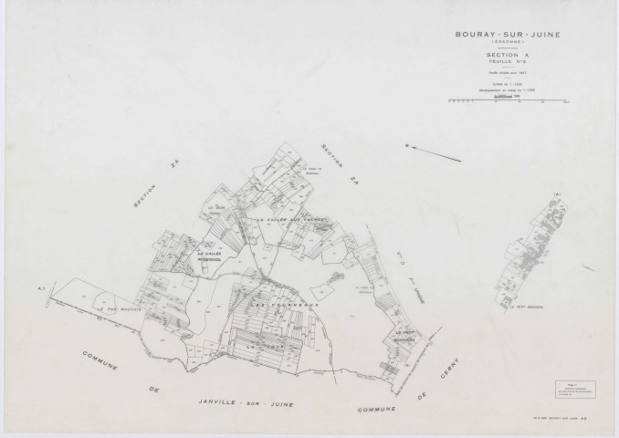 BOURAY-SUR-JUINE, plans minutes de conservation : tableau d'assemblage,1947, Ech. 1/10000 ; plans des sections A1, A2, D, 1947, Ech. 1/2500, sections B1, B2, C1, C2, 1947, Ech. 1/1250, sections ZA, ZB, ZC, 1968, Ech. 1/2000. Polyester. N et B. Dim. 105 x 80 cm [11 plans]. 