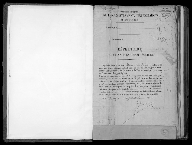Conservation des hypothèques de CORBEIL. - Répertoire des formalités hypothécaires, volume n° 375 : A-Z (registre ouvert en 1910). 