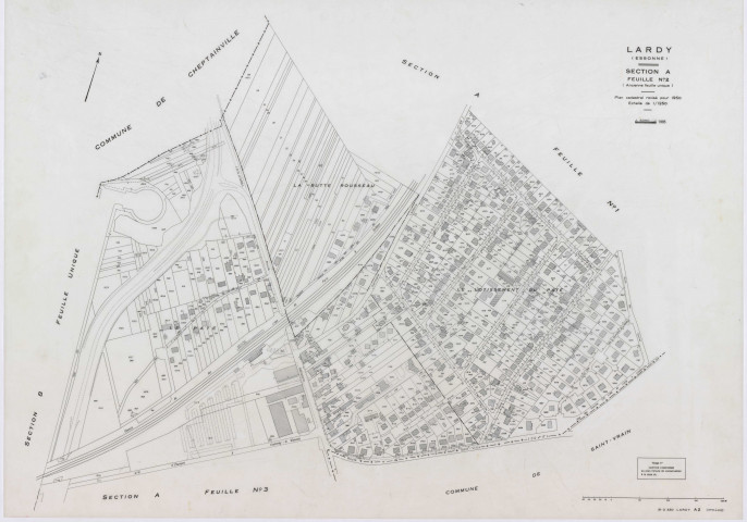 LARDY, plans minutes de conservation : tableau d'assemblage, 1950, Ech. 1/10000 ; plans des sections A1, B, 1950, Ech. 1/2500, sections A2, A3, A4, C1, C2, D, E, F2, G, H1, H2, 1950, Ech. 1/1250, section ZA, 1989, Ech. 1/2000. Polyester. N et B. Dim. 105 x 80 cm [15 plans]. 