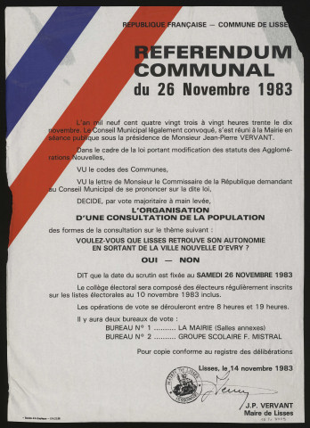 LISSES. - Référendum communal du 26 novembre 1983 : Voulez-vous que Lisses retrouve son autonomie en sortant de la ville nouvelle d'Evry ?, 14 novembre 1983. 