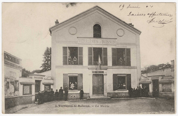 VERRIERES-LE-BUISSON. - La mairie et les écoles,[1904, timbre à 5 centimes]. 
