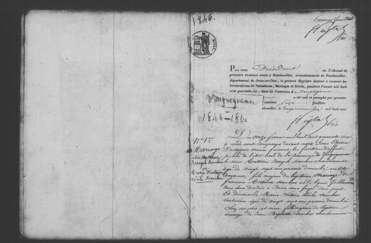 VAUGRIGNEUSE. Naissances, mariages, décès : registre d'état civil (1846-1860). 
