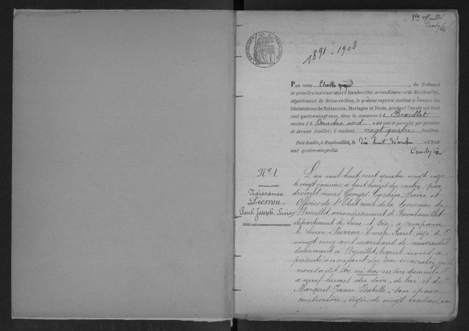 BREUILLET.- Naissances, mariages, décès : registre d'état civil (1891-1908). 