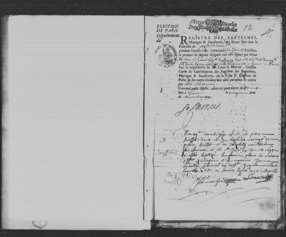 PALAISEAU, paroisse Saint-Martin. - Registres paroissiaux : baptêmes, mariages, sépultures [décembre 1692-1699, 1700-1719, 1720-1739] [documents originaux conservés aux Archives municipales de Palaiseau]. 