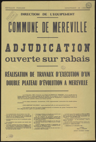 Essonne [Département]. - Adjudication ouverte sur rabais pour la réalisation de travaux d'exécution d'un double plateau d'évolution à Méréville, 12 novembre 1968. 