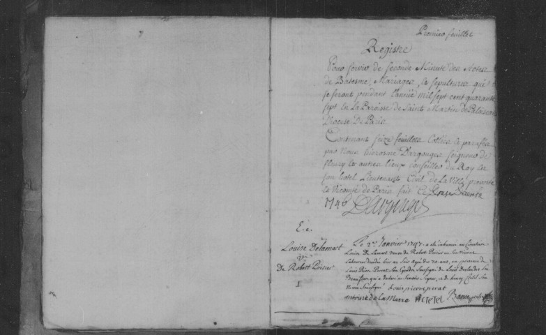 PALAISEAU. Paroisse Saint-Martin : Baptêmes, mariages, sépultures : registre paroissial (1747-1757). 