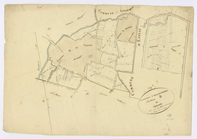 BALLAINVILLIERS. - Section B - Village (le), ech. 1/2500, coul., aquarelle, papier, 65x92 (1811). 