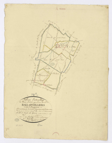 BALLAINVILLIERS. - Plan d'assemblage, ech. 1/10000, coul., aquarelle, papier, 66x51 (1811). 