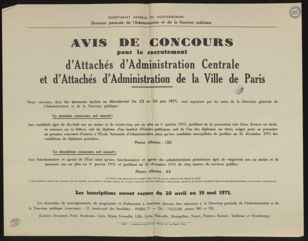 Essonne [Département]. - Avis de concours pour le recrutement d'attachés d'administration centrale et d'attachés d'administration de la ville de Paris, 1971. 