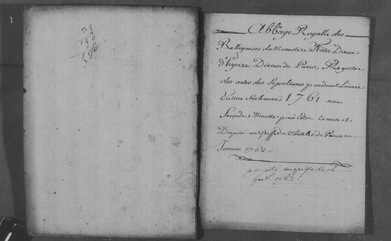 YERRES. Abbaye royale Notre-Dame : Sépultures : registre paroissial (1761-1790). [Nota bene : une photocopie d'un acte du 3 avril 1792 à la fin du cahier de 1791]. 