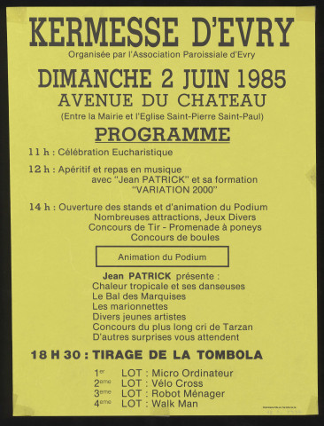 EVRY. - Kermesse d'Evry : programme, Avenue du château, 2 juin 1985. 