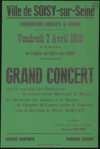 SOISY-SUR-SEINE.- Grand concert, avec le concours des professeurs du Conservatoire municipal de musique de Soisy-sur-Seine et de l'Orchestre des Juniors et de musique de chambre du Conservatoire de Palaiseau, Eglise de Soisy-sur-Seine, 7 avril 1978. 