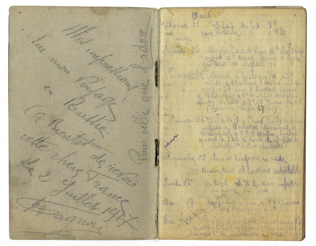 Carnets de route : "Mes impressions sur mon voyage en Russie, du 21 mars 1917 au 19 juillet 1917" et "Impressions de mon voyage depuis mon départ de l'escadrille Spad 12 jusqu'à mon retour de Russie, février 1917 au 15 mai 1917".