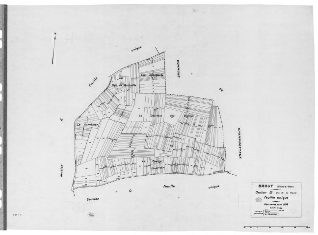 BROUY .- Cadastre révisé pour 1938 : plan du tableau d'assemblage, plans de la section A les Oisonnières, section B la Treille, section C la Meule, section D la Côte Rouge, section E les Fourneaux, section F la Justice ; cadastre révisé pour 1951 mis à jour pour 1964 : plan du tableau d'assemblage, plan de la section A, [9 plans ]. 