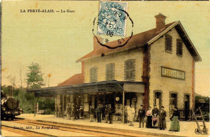FERTE-ALAIS (LA). - La gare [Editeur Jouin, 1906, timbre à 5 centimes, cote négatif 2A26b, coloriée]. 