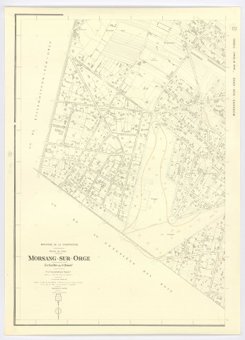 Plan topographique régulier de MORSANG-SUR-ORGE dressé en 1945 par M. POUSSIN, géomètre, mis à jour par M. CULLET, cartographe, feuille 2, 1961. Ech. 1/2.000. N et B. Dim. 0,75 x 1,03. 