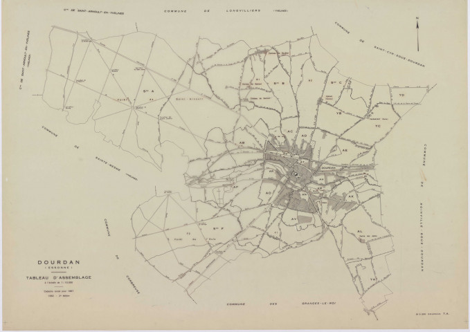 DOURDAN, plans minutes de conservation : tableau d'assemblage, 1967, Ech. 1/10000 ; plans des sections A, F2, 1967, Ech. 1/5000, sections AB, AE, AK, AL, AP, 1967, Ech. 1/2000, sections AC, AD, AH, AI, AM, AN, AO, AR, AS, AT, AV, 1967, Ech. 1/1000, sections B1, B2, C, F1, 1967, Ech. 1/2500, section YA, 1977, Ech. 1/2000, sections YB, YC, YD, 1982, Ech. 1/2000. Polyester. N et B. Dim. 105 x 80 cm [27 plans]. 