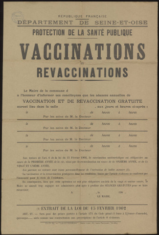 Seine-et-Oise [Département]. - Protection de la santé publique. Vaccinations et revaccinations (1902). 