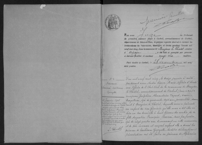 BRUYERES-LE-CHATEL.- Naissances, mariages, décès : registre d'état civil (1905-1918). 