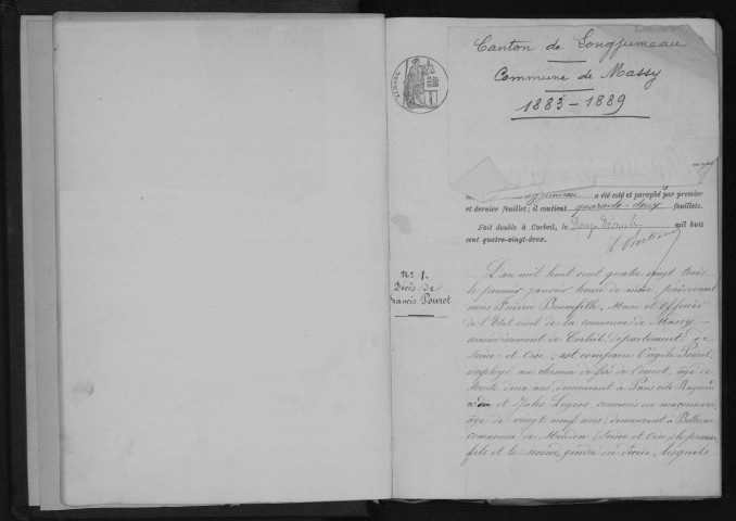 MASSY. Naissances, mariages, décès : registre d'état civil (1883-1889). 