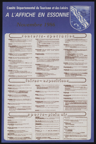 EVRY.- A l'affiche en Essonne : programme culturel, Comité départemental du tourisme et des loisirs, novembre 1986. 
