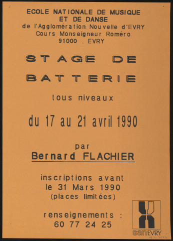 EVRY. - Stage de batterie, Ecole nationale de musique et de danse, 17 avril-21 avril 1990. 