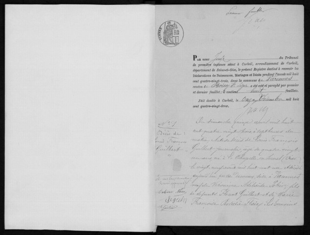 VARENNES-JARCY. Naissances, mariages, décès : registre d'état civil (1883-1896). 