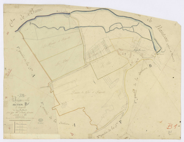 BOIGNEVILLE. - Section B - Argeville, 1, ech. 1/1250, coul., aquarelle, papier, 65x83 (1813). 