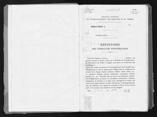 Conservation des hypothèques de CORBEIL. - Répertoire des formalités hypothécaires, volume n° 616 : A-Z (registre ouvert en 1941). 