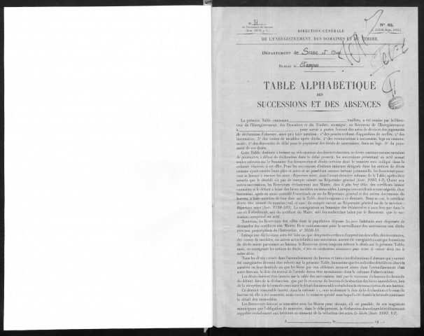 ETAMPES, bureau de l'enregistrement. - Table alphabétiques des successions et des absences (1/01/1959-3/12/1962). 