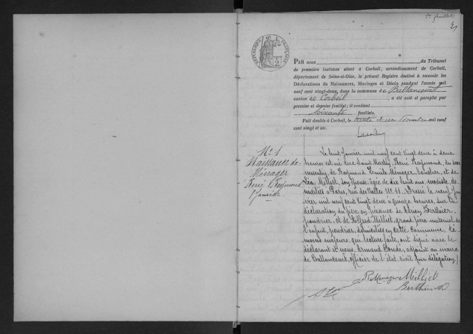 BALLANCOURT-SUR-ESSONNE.- Naissances, mariages, décès : registre d'état civil (1922). 