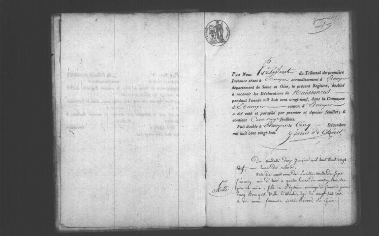 ETAMPES. Naissances : registre d'état civil (1829). 