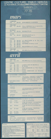 CORBEIL-ESSONNES. - Cinéma, danse, théâtre, chanson, musique, exposition : programme culturel, Centre culturel Pablo Néruda, mars-avril 1977. 