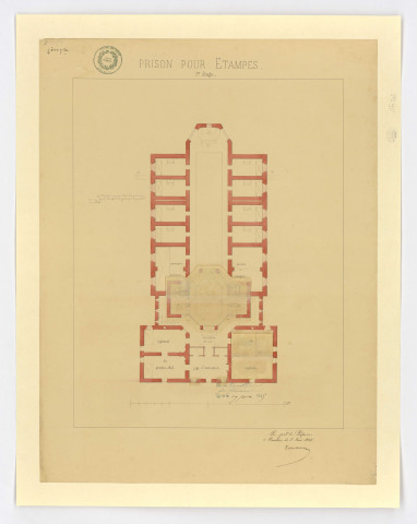 Plan de la prison d'ETAMPES : 1er étage, feuille 4, 1845. Ech. 19,9 cm = 20 m. Coul. Dim. 0,59 x 0,44. 