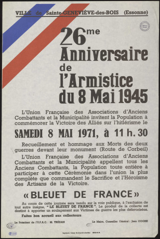 SAINTE-GENEVIEVE-DES-BOIS. - 26ème anniversaire de l'Armistice du 8 mai 1945 (1971). 