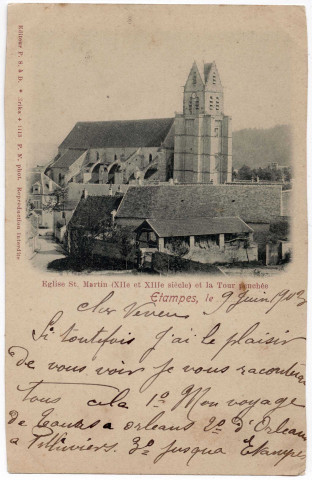 ETAMPES. - Eglise Saint-Martin (XIIème et XIIIème siècle) et la tour penchée [Editeur P.S. à D., 1903, timbre à 10 centimes, verte]. 