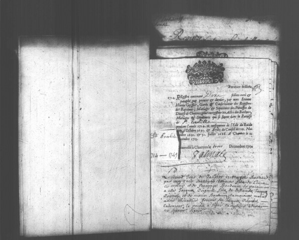SAINT-ESCOBILLE. Paroisse Saint-Escobille : Baptêmes, mariages, sépultures : registre paroissial (1714-1749). [Lacunes : B.M.S. (1717, 1723-1727)]. 